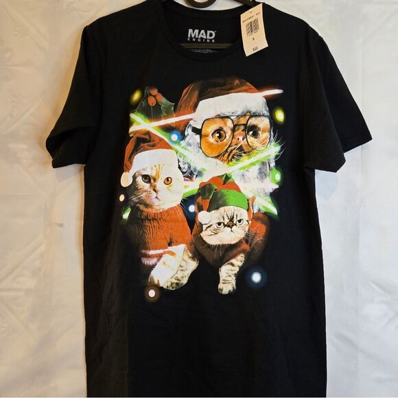 Men's Lost Gods Holiday Cat Portraits T-Shirt Black Mad Engine Crewneck Size S - Picture 10 of 10